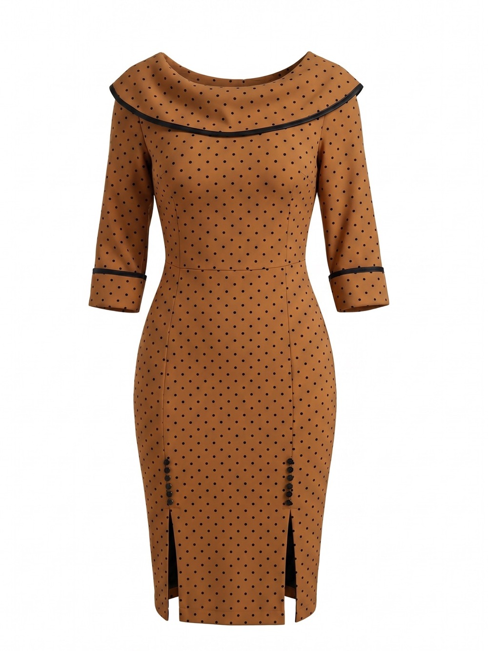 Bettie Page Tatyana Wiggle Dress XS Brown Polka Dot Retro Pinup Portrait Neck